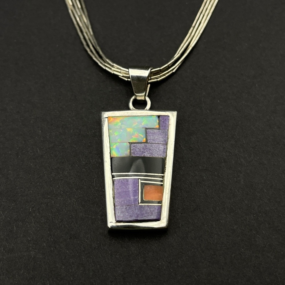 Vintage Native Scenic Reversable Gemstone Inlay Pendant Liquid Silver Necklace - Picture 3 of 12
